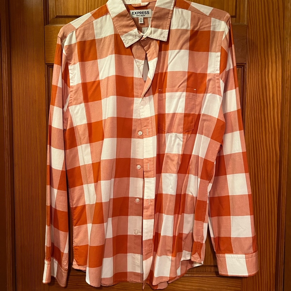 Mens Express red plaid casual button down shirt size Large